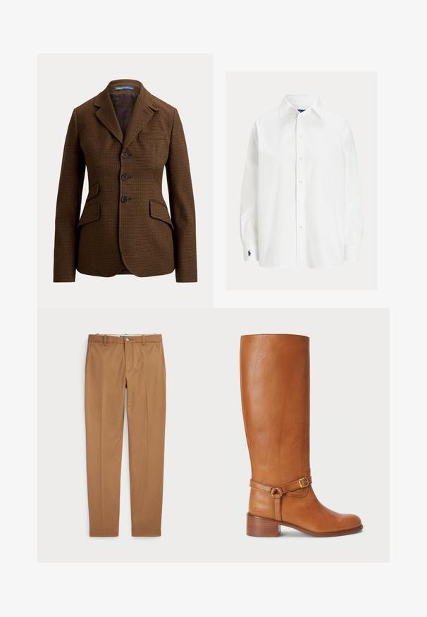 Hnedé sako s vzorom psieho zuba, so zárezovým golierom, tromi prednými gombíkmi, dvoma klopovými vreckami a jedným náprsníkom, od Polo Ralph Lauren.; Biela košeľa s dlhým rukávom na gombíky, so špicatým golierom a námornícko modrým vyšívaným logom na ľavom manžete.; Hnedé bavlnené nohavice so slim-fit strihom, plochým predným dielom a štandardnými vreckami; hladká textúra a obháčkované manžety.; Vysoké hnedé kožené čižmy s hladkým povrchom, so bočným pásom na pracku a vrstveným podpätkom. Horná časť má čistý, nezdobený dizajn.