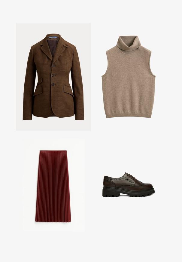 Bruine pied-de-poule blazer met inkeping revers, drie knopen aan de voorkant, twee klepzakken en een borstzak, van Polo Ralph Lauren.; Mouwloos beige gebreid coltrui-vestje met ribbelige hals en zoom, gemaakt van zachte stof.; Plissé midi-rok in diep rood, met een gestructureerde stof en gelijkmatig verdeelde verticale plooien. De zoom valt rond de middenkuit.; Donkerbruine leren brogue schoen met geperforeerde details en dikke zwarte profielzool, zijkant gezien op een witte achtergrond.