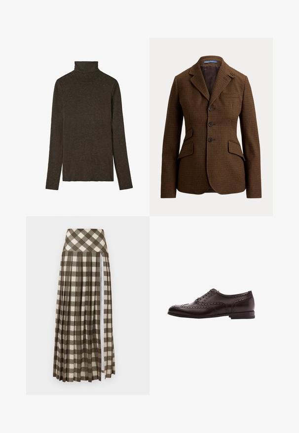 Brun blazer med hundetandsmønster med hakklap, tre forreste knapper, to klaplommer og en brystlomme, fra Polo Ralph Lauren.; Mørkebrunt turtleneck top lavet af blød, struktureret stof. Har lange ærmer og en tætsiddende pasform, med en glat halsudskæring.; Lang, plisseret nederdel med et brunt og beige ternet mønster. Høj talje-design med en sideslids og blød stoftekstur.; Brune læder dress sko med brogue-detaljer, snørebånds lukning, rund tå og en lav stablet hæl. Poleret finish og indviklede perforeringer.