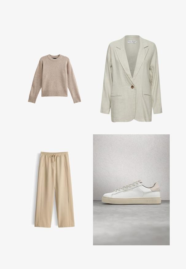 Lichtbeige linnen blazer met een enkele bruine knoop, ingeklapte revers en twee zijzakken. Beschikt over een ontspannen pasvorm en licht gestructureerde stof.; Beige gebreide trui met een ronde hals, ribgebreide mouwen en boord. De stof heeft een zachte textuur met een subtiel patroon. Ontspannen pasvorm.; Lichtbeige wijde broek met een elastische tailleband en een trekkoord. Heeft twee voorzakken en een gladde textuur.; Witte leren sneaker met een glanzende afwerking, beige suède accenten, ronde neus, platte vetersluiting en een getextureerde rubberen zool.