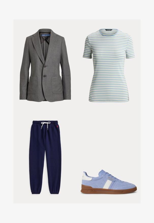 Grijs op maat gemaakte blazer met notch revers, twee voorzakken, knoopsluiting met twee knopen en een merklabel aan de binnenkant van de kraag.; Korte mouwen, nauwsluitend T-shirt met lichtblauwe, witte en lichtgele horizontale strepen en een ronde hals.; Marineblauwe joggerbroek met witte aantrekkoord in de taille en elastische boorden, met een klein rood logo geborduurd vlak bij de linker zak.; Lichtblauwe sneaker met witte zijstreep, bruine zool en Polo-logo in reliëf op de zijkant en hieltab.