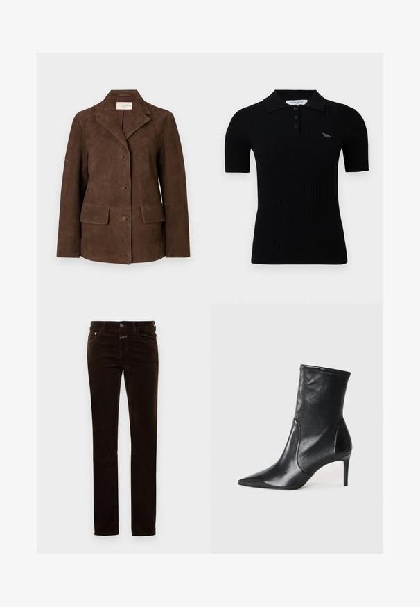 Blazer en daim marron avec revers crantés, trois boutons sur le devant et deux poches à rabat à la taille, présenté sur un fond uni.; Polo noir à côtes avec un col classique, une patte de boutonnage à trois boutons et un petit design brodé sur la poitrine gauche.; Pantalon en velours côtelé marron avec une coupe droite, doté d'une fermeture à bouton, de deux poches avant et d'un tissu doux au toucher.; Bottes noires à la cheville en cuir lisse, dotées d'un bout pointu, d'un tige ajustée et d'un talon haut fin. Design minimaliste sans quincaillerie visible.