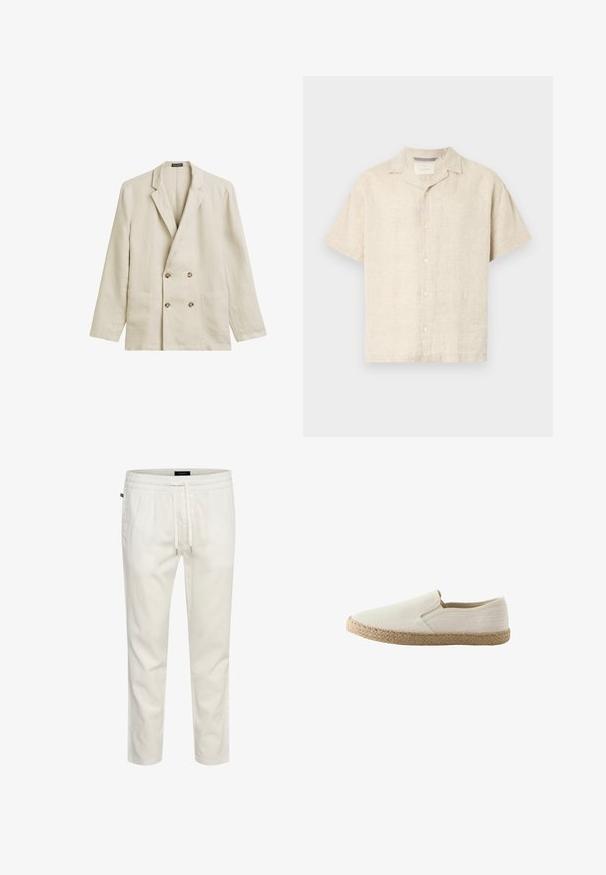 Beige Doppelreiher-Blazer aus strukturiertem Leinen. Verfügt über zwei Vordertaschen und hellbraune Knöpfe. Schlichte Einreiher-Revers.; Helles beige Kurzarm-Hemd mit Knopfleiste aus Leinen, das einen Camp-Kragen, klare Linien und eine subtile Textur aufweist, mit fünf Frontknöpfen.; Weiße, leichte Baumwoll-Jogginghosen mit elastischem Bund, Kordelzug und lockerer Passform. Glatte Textur ohne Muster oder Verzierungen.; Beiger Slipper mit gewebter Jutesohle und schlichter Stoffoberseite, Seitenansicht vor weißem Hintergrund.