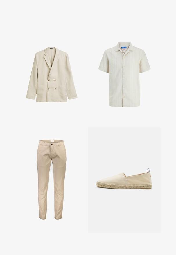 Beige Doppelreiher-Blazer aus strukturiertem Leinen. Verfügt über zwei Vordertaschen und hellbraune Knöpfe. Schlichte Einreiher-Revers.; Beiges Kurzarm-Hemd mit subtilen vertikalen Streifen und einem entspannten Kragen, entworfen für legere Anlässe.; Beige Baumwollhosen mit geradem Bein, ausgestattet mit Vordertaschen, Reißverschluss und einem einzelnen Knopfverschluss. Glatte Textur, ohne Muster.; Beige Leinensandale mit runder Zehenform, geflochtener Jutesohle und einem kleinen roten und blauen Akzent an der Ferse. Leicht und ohne Verschluss.