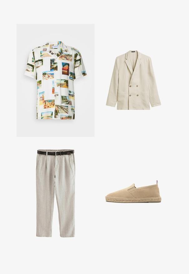 Beige Doppelreiher-Blazer aus strukturiertem Leinen. Verfügt über zwei Vordertaschen und hellbraune Knöpfe. Schlichte Einreiher-Revers.; Kurzeweißer Hemd mit einem Collagen-Motiv aus Fotografien tropischer Szenen in verschiedenen Farben. Leichter Stoff, Knopfleiste vorne und lockere Passform.; Beige Leinenhose mit plissiertem Vorderteil, Seitentaschen und einem dunkelbraunen gewebten Ledergürtel mit silberner Schnalle.; Beige Canvas-Espadrille zum Hineinschlüpfen mit genähter Jutesohle und kleinem Stofflaschen am Absatz, seitlich auf weißem Hintergrund gezeigt.