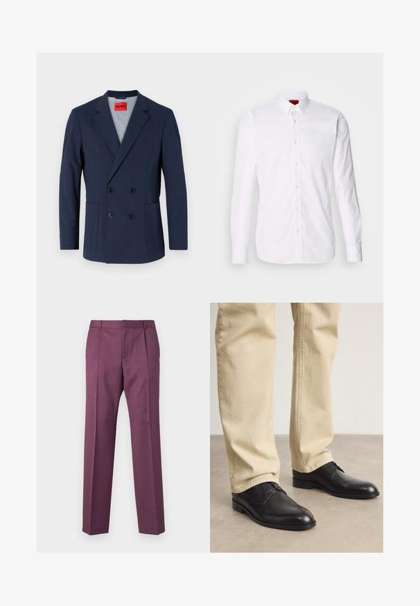 Mørkeblå dobbeltbrystet blazer med spidse klapper, to for- lommer og sorte knapper. Indvendigt har den et lyseblåt foer.; Hvid skjorte med lange ærmer, knap-front og klassisk krave, fremstillet i en blød bomulds kvalitet.; Lilla, stribet bukser med lige ben, skræddersyet design og forlommer. Fremstillet af letvægtsstof, har bælteløkker og en frontfold.; Sorte læder snørebåndssko med rund tå, glat finish og diskrete syninger, båret med lyse beige bukser.