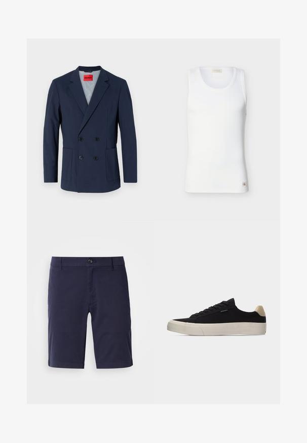 Marineblauwe double-breasted blazer met een notch-lapel, twee voorkruiszakken en zwarte knopen. De binnenkant heeft een lichtblauwe voering.; Witte geribbelde mouwloze tanktop met ronde halslijn en een klein Calvin Klein-logo labeltje bij de zoom op een effen achtergrond.; Marineblauwe shorts met een rechte voorkant, knoopsluiting en zijzakken. Gemaakt van lichte stof met een gladde textuur.; Zwarte lage sneaker met beige hielstuk, dikke witte rubberen zool, zwarte veters en een klein "PS Paul Smith" label aan de zijkant.