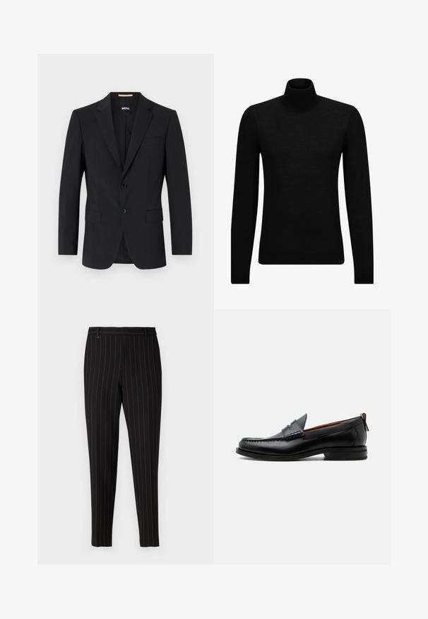 Mustakas bleiser, millel on kohandatud disain, kaks nuppu ja nurgalapid. Sisaldab ühte rinna taskut ja kahte eesmist taskut.; Musthave muströid ja pehmest materjalist must turtleneck, millel on pikad varrukad ja tihe istuvus. Ribaga ääris allservas ja vöökohal. Lihtne disain.; Mustrid mustad püksid, millel on õhukesed vertikaalsed triibud, kohandatud lõige, ees olevad taskud ja vööloopide. Valmistatud siledast, tekstureeritud kangast.; Mustast nahast meeste mokasiin, millel on moc varbaõmblus, penny rihm, tekstuuriga krae ja madal virnastatud konts valgel taustal.