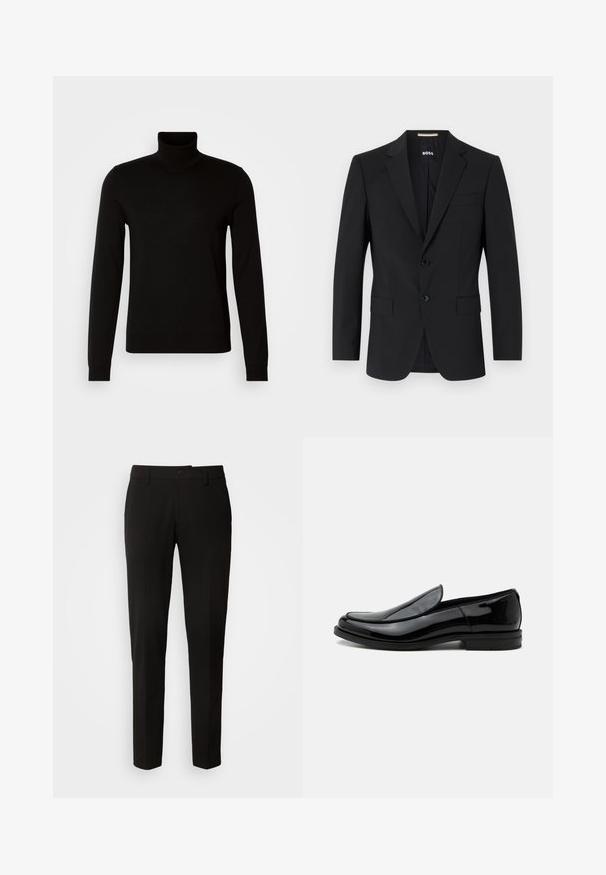 Sort blazer med en skrædderagtig design, to knapper og slagkraver. Inkluderer en enkelt brystlomme og to frontlommer.; Sort turtleneck sweater lavet af et fint strikket stof, der har lange ærmer og en tætsiddende silhuet. Glat tekstur med ribbede manchetter.; Sorte bukser med lige ben design, der har knaplukning, bæltestropper og en glat stofstruktur. Ingen synlige mønstre eller accenter.; Sort blankt læder slip-on selskabssko med lav hæl og rundet tå set fra siden på hvid baggrund.
