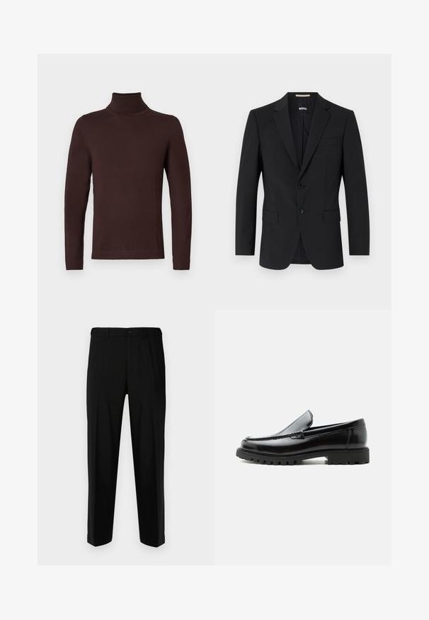 Blazer noir avec un design ajusté, deux boutons et des revers en pointe. Comprend une poche poitrine simple et deux poches avant.; Pull en col roulé à manches longues de couleur brun foncé, avec une coupe ajustée, présenté sur un fond blanc uni.; Pantalon noir en tissu lisse, présentant une coupe droite, deux poches avant et une fermeture à glissière avec bouton.; Mocassin en cuir noir avec semelle en caoutchouc épaisse, dessus cousu et nom de marque embossé sur le talon, présenté de profil sur fond blanc.