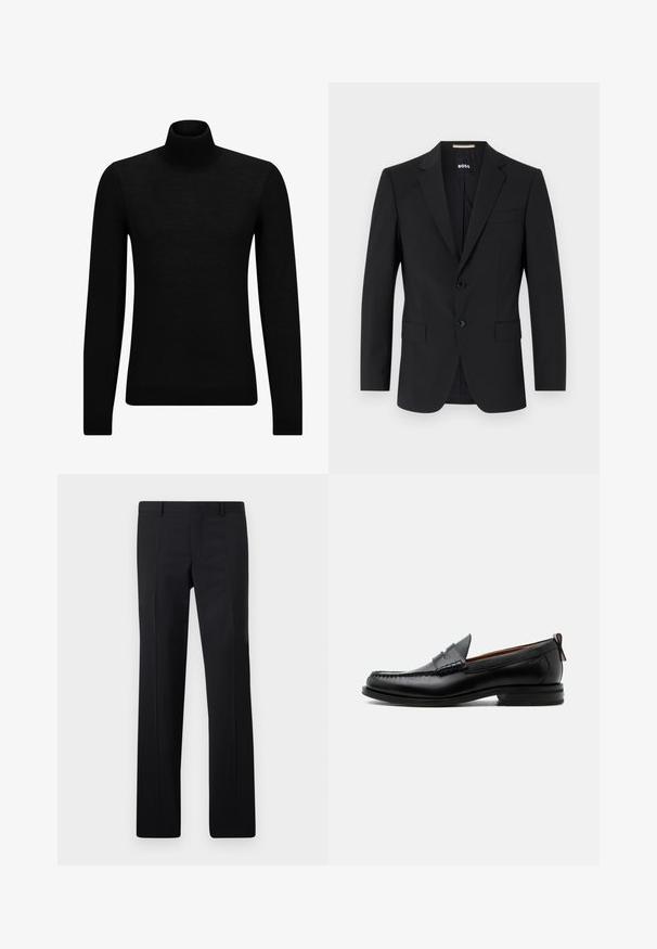 Blazer noir avec un design ajusté, deux boutons et des revers en pointe. Comprend une poche poitrine simple et deux poches avant.; Pull à col roulé noir en matériau doux, avec des manches longues et une coupe ajustée. Finition côtelée au bas et aux poignets. Design simple.; Pantalons noirs ajustés avec une coupe droite, des plis marqués et une finition lisse. Fabriqués en tissu léger avec une taille nette.; Mocassin homme en cuir noir avec couture moc toe, bride penny, col texturé et petit talon empilé sur fond blanc.