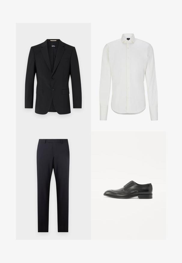 Zwarte blazer met een tailor-made ontwerp, twee knopen en inkepingen bij de revers. Bevat een enkele borstzak en twee voorzakken.; BOSS JOE SPREAD DC - Zakelijk overhemd - natural one; Donkerblauwe op maat gemaakte broek met een vlakke front, slim fit, zijzakken en een gladde textuur; geen zichtbare patronen of versieringen.; Zwarte leren geklede schoen met een gladde afwerking, ronde neus, vijf oogjes en een lage hak. Kenmerkt zich door subtiele stiksels langs de randen.
