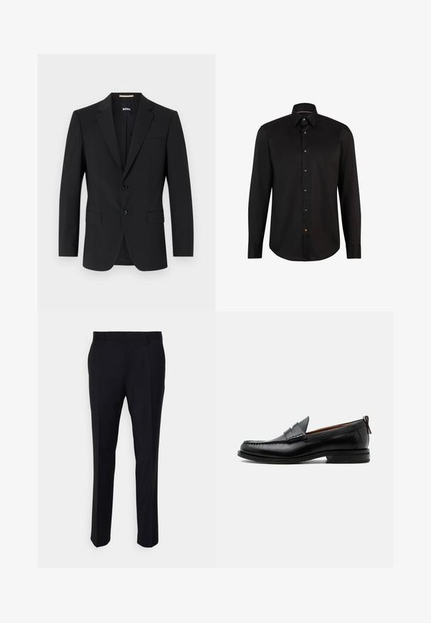 Blazer noir avec un design ajusté, deux boutons et des revers en pointe. Comprend une poche poitrine simple et deux poches avant.; Chemise noire à manches longues en tissu lisse, dotée d'une fermeture à boutons à l'avant avec des boutons contrastés et d'un col classique.; Pantalon noir en tissu tissé, à coupe ajustée, avec un devant plat, des poches latérales et une coupe droite.; Mocassin homme en cuir noir avec couture moc toe, bride penny, col texturé et petit talon empilé sur fond blanc.