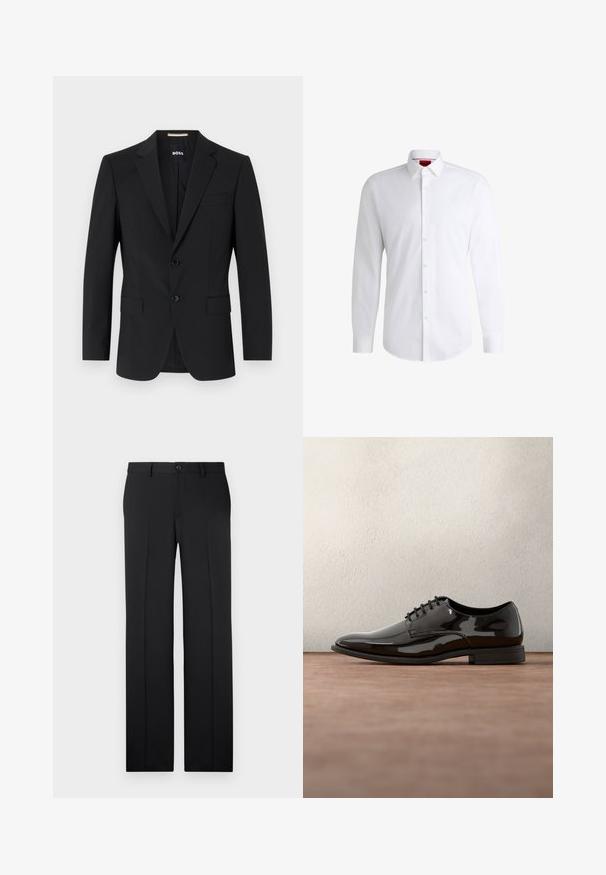 Blazer negro con un diseño ajustado, dos botones y solapas de pico. Incluye un bolsillo en el pecho y dos bolsillos frontales.; Camisa blanca de botones, confeccionada en tela suave, con collar clásico, mangas largas y dobladillo curvado. Presenta botones beige en la parte delantera.; Pantalones negros a medida con corte recto, tejido suave, pliegues frontales y un cierre de botón en la cintura.; Zapato de vestido de charol negro con puntera redondeada, diseño de cordones y superficie lisa y brillante. Cuenta con una suela de goma de perfil bajo.