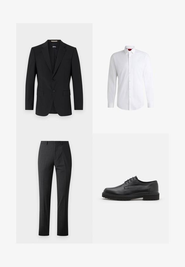 Schwarzer Blazer mit tailliertem Design, zwei Knöpfen und Reverskragen. Mit einer Brusttasche und zwei Fronttaschen.; Weißes Herrenhemd aus glattem Stoff mit klassischem Kragen, langen Ärmeln und abgerundetem Saum. Mit eleganten beigen Knöpfen an der Vorderseite.; Maßgeschneiderte dunkelgraue Hose mit glatter Textur, schlankem Schnitt, flachem Frontdesign und normalem Bund. Verfügt über gepresste Falten und keine sichtbaren Muster.; Schwarzer Lederschuh mit abgerundeter Zehenpartie, glatter Oberfläche und minimaler Nahtführung. Verfügt über eine Schnürverschluss und eine dicke, strukturierte Gummisohle.