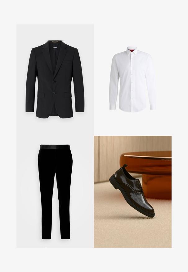 Zwarte blazer met een tailor-made ontwerp, twee knopen en inkepingen bij de revers. Bevat een enkele borstzak en twee voorzakken.; Witte overhemden van soepel materiaal met een klassieke kraag, lange mouwen en een afgeronde zoom. Voorzien van beige knopen aan de voorkant.; Zwarte fluwelen broek met een getailleerde pasvorm, gladde textuur en een bijpassende tailleband. Heeft rechte pijpen en zijzakken.; Zwarte glanzende leren veterschoen zwevend boven een beige tapijt met een glanzende bruine ronde tafel op de achtergrond.