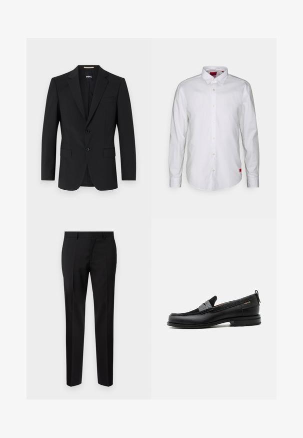 Blazer noir avec un design ajusté, deux boutons et des revers en pointe. Comprend une poche poitrine simple et deux poches avant.; Chemise blanche à manches longues avec un col boutonné, fabriquée en tissu léger. Présente une étiquette de marque discrète en rouge sur le bas.; Pantalons noirs ajustés en tissu lisse, présentant une jambe droite, des détails de pli raffinés et une taille classique avec passants de ceinture.; Mocassin en cuir noir avec détail de bride grise, talon bas et semelle texturée, marqué "HUGO" en or sur le côté.