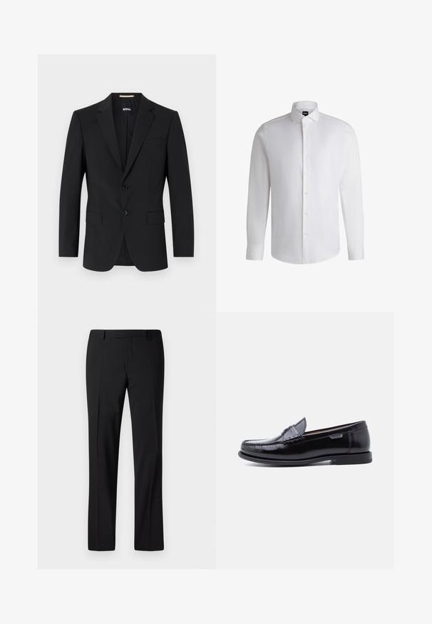 Zwarte blazer met een tailor-made ontwerp, twee knopen en inkepingen bij de revers. Bevat een enkele borstzak en twee voorzakken.; Witte lange mouwen shirt van soepel katoen, met een klassieke kraag, volledige knoopsluiting en knoopmanchetten. Minimalistisch ontwerp.; Zwarte op maat gemaakte broek met een rechte pijp ontwerp, voorzien van een gladde textuur, geplooide voorkant en een klassieke tailleband voor een formele uitstraling.; Zwarte leren loafers met een glanzende afwerking, voorzien van een gestikt ontwerp op de neus en een lage, zwarte rubberen zool met structuur.