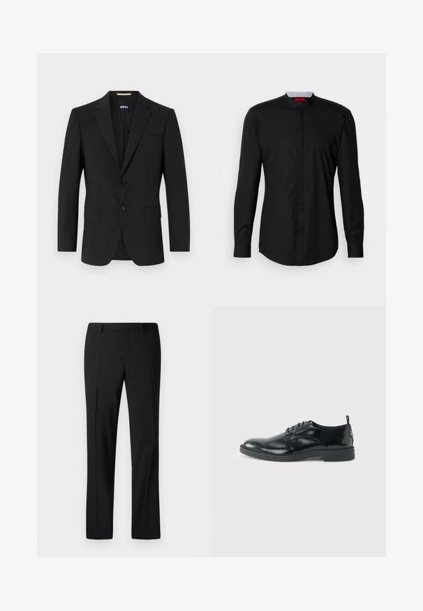 Schwarzer Blazer mit tailliertem Design, zwei Knöpfen und Reverskragen. Mit einer Brusttasche und zwei Fronttaschen.; Schwarzes Langarmhemd mit Stehkragen, aus glattem Stoff gefertigt, mit durchgehender Knopfleiste und subtilen Designdetails.; Schwarze, maßgeschneiderte Hose mit geradem Bein, ausgestattet mit einer glatten Textur, gefaltetem Vorderteil und einem klassischen Bund für ein formelles Erscheinungsbild.; Glänzender schwarzer Lederschuh mit niedrigem Absatz, Schnürverschluss und runder Kappe, seitlich auf hellem, schlichten Hintergrund gezeigt.
