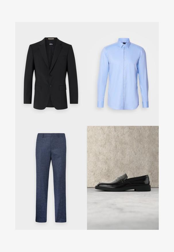 Schwarzer Blazer mit tailliertem Design, zwei Knöpfen und Reverskragen. Mit einer Brusttasche und zwei Fronttaschen.; Himmelblaues langärmliges Hemd mit Knopfleiste, aus strukturiertem Stoff, mit spitzem Kragen und klassischem Knopfverschluss auf der Vorderseite.; Herren gerade geschnittene marineblaue Anzughose mit Gürtelschlaufen, Bügelfalte vorne und einem dezenten strukturierten Stoffmuster.; Schwarzer, polierter Lederloafer, der über einem beigen Teppich schwebt, mit orangener, durchscheinender Möbel im Hintergrund.
