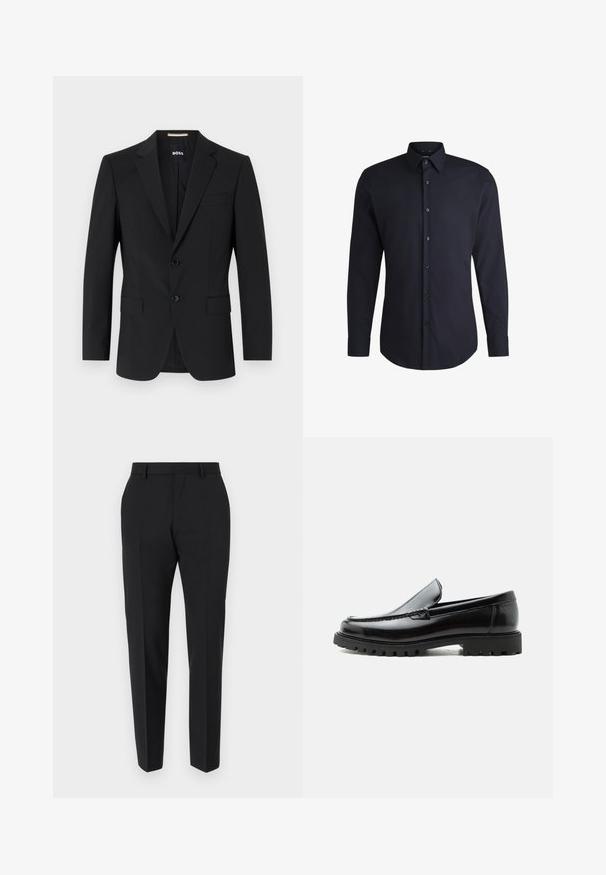 Blazer negro con un diseño ajustado, dos botones y solapas de pico. Incluye un bolsillo en el pecho y dos bolsillos frontales.; Camisa de manga larga azul marino hecha de tejido tejido, con cuello abotonado y botones a juego, con una textura suave y un corte entallado.; Pantalones negros con un diseño a medida, con frente plano, detalles de pliegue y un corte ajustado. Fabricados con una tela suave para un aspecto refinado.; Mocasín de cuero negro con suela de goma gruesa, empeine cosido y nombre de la marca en relieve en el talón, mostrado en perfil lateral sobre fondo blanco.