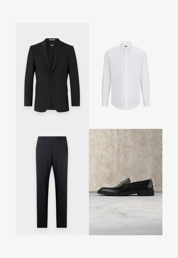 Sort blazer med en skrædderagtig design, to knapper og slagkraver. Inkluderer en enkelt brystlomme og to frontlommer.; Hvid langærmet skjorte lavet af glat stof med standard krave, frontlukning med knapper og afrundet kant. Ingen synlige mønstre eller accenter.; Mørkeblå skræddersyede bukser med flad front, slim fit, sidelommer og en glat tekstur; ingen synlige mønstre eller dekorative elementer.; Sort poleret læderloafer flydende over beige tæppe med orange gennemsigtigt møbel i baggrunden.