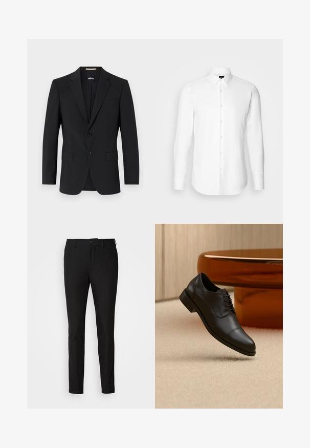 Blazer negro con un diseño ajustado, dos botones y solapas de pico. Incluye un bolsillo en el pecho y dos bolsillos frontales.; Camisa blanca de manga larga, con cierre de botones en el frente, cuello clásico, confeccionada con una tela suave con una textura sutil, diseñada para un ajuste entallado.; Pantalones negros de corte ajustado, con cierre de botón, cremallera y dos bolsillos frontales. Tejido suave con un acabado mate.; Zapato oxford formal de cuero negro con cordones, apareciendo flotando sobre una alfombra beige, con una mesa redonda marrón al fondo.