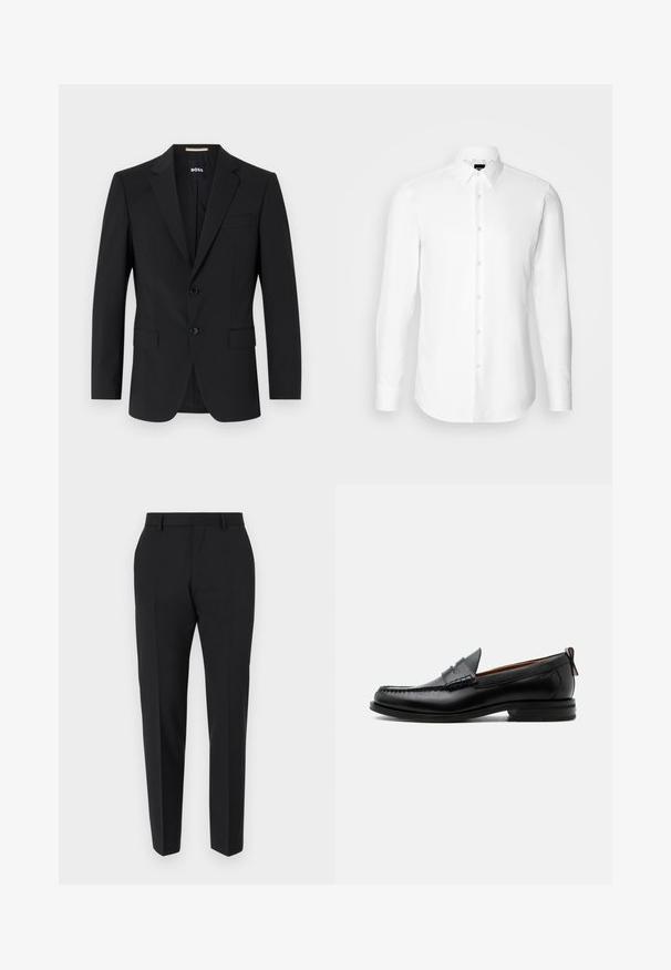 Zwarte blazer met een tailor-made ontwerp, twee knopen en inkepingen bij de revers. Bevat een enkele borstzak en twee voorzakken.; Witte blouse met lange mouwen, knoopsluiting aan de voorkant, klassieke kraag, gemaakt van gladde stof met een subtiele textuur, ontworpen voor een aansluitende pasvorm.; Zwarte broek met een maatwerkontwerp, met een vlakke voorkant, plooidetails en een slanke pasvorm. Gemaakt van een gladde stof voor een verfijnde uitstraling.; Zwarte leren herensloffen met moc toe stiksel, pennyriem, gestructureerde kraag en lage gestapelde hak op witte achtergrond.