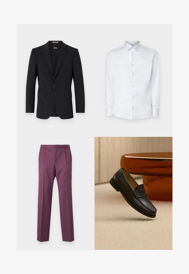 Zwarte blazer met een tailor-made ontwerp, twee knopen en inkepingen bij de revers. Bevat een enkele borstzak en twee voorzakken.; Witte lange mouw shirt gemaakt van gladde stof, met een klassieke kraag, knoopsluiting en manchetten met knopen, gepresenteerd tegen een effen achtergrond.; Paarse, gestreepte broek met rechte pijpen, een getailleerd ontwerp en voorzakken. Gemaakt van lichtgewicht stof, met riemlussen en een krijtstreep aan de voorkant.; Zwarte leren loaferschoen zwevend boven een beige tapijt met amberkleurige moderne meubels op de achtergrond.