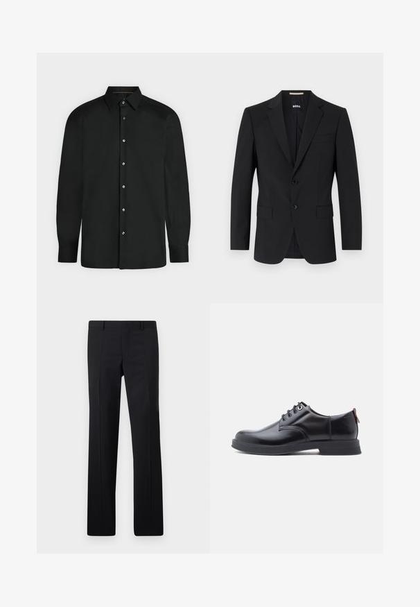 Sort blazer med en skrædderagtig design, to knapper og slagkraver. Inkluderer en enkelt brystlomme og to frontlommer.; Sort skjorte med lange ærmer, knapper foran, spids krave og knapmanchetter, vist mod en ensformet lys baggrund.; Sorte skræddersyede bukser med et lige ben design, skarpe folder og en glat overflade. Fremstillet af letvægtsstof med en ren talje.; Sorte snørestøvler i læder med glat tekstur, rundet tå og diskrete syningsdetaljer. Har en rød trækflig på hælen.
