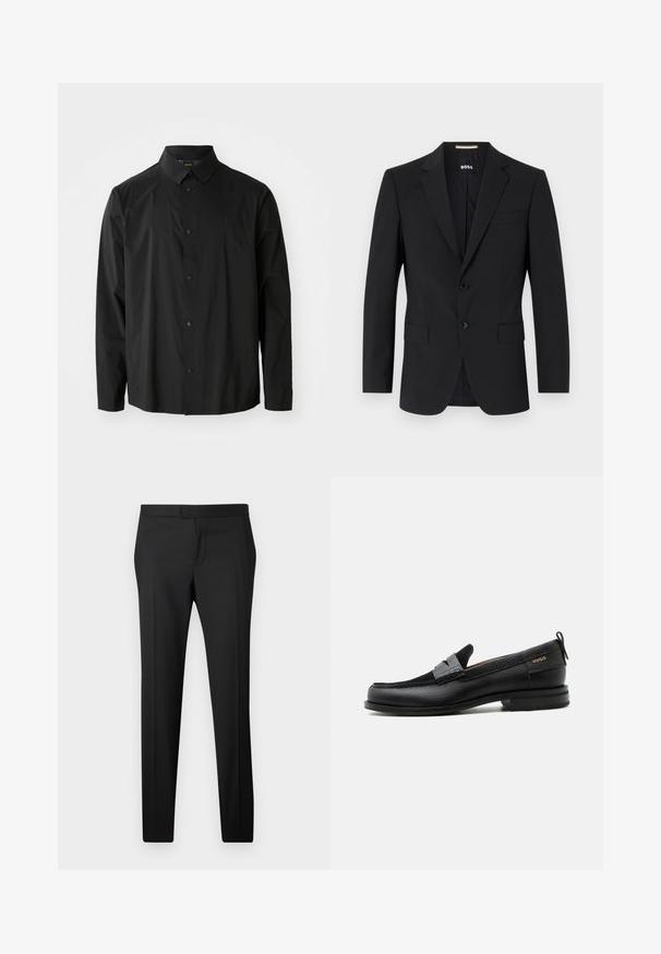 Mustakas bleiser, millel on kohandatud disain, kaks nuppu ja nurgalapid. Sisaldab ühte rinna taskut ja kahte eesmist taskut.; MustHave must have black long-sleeve shirt, made of lightweight fabric. Features a button-up front, pointed collar, and discreet brand logo on the chest.; Mustad sobrad püksid otsejoonisega, valmistatud siledast kangast. Omab siledat esiosa, vöörihmasid ja ei sisalda nähtavaid mustreid ega kaunistusi.; Must nahast loafer halli rihma detailiga, madala kand ja tekstuurse tallaga, külgedel kuldse "HUGO" brändiga.