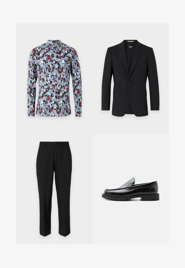Sort blazer med en skrædderagtig design, to knapper og slagkraver. Inkluderer en enkelt brystlomme og to frontlommer.; Lynlange skjorte med knapper i lyseblå med et blomstermønster i rød, sort og hvid. Har en krave og frontknaplukning.; Sorte bukser lavet af glat stof, med lige ben design, forlommer, en enkelt knaplukning, og uden synlige mønstre.; Sort læderloafer med chunky gummisål, syet overdel og præget mærkenavn på hælen, vist i sideprofil på hvid baggrund.