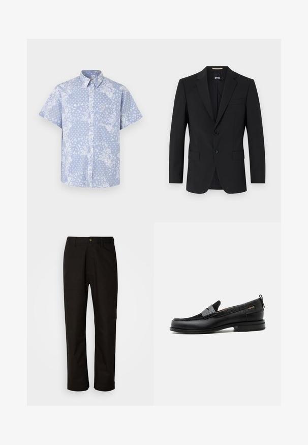 Blazer negro con un diseño ajustado, dos botones y solapas de pico. Incluye un bolsillo en el pecho y dos bolsillos frontales.; Camisa de botones de manga corta en tela azul clara, con un patrón floral blanco y un bolsillo en el pecho con una etiqueta de logo.; Pantalones de algodón negros con corte recto, presillas para el cinturón, cremallera frontal y un solo botón de cierre. Textura suave sin patrones visibles.; Mocasín de cuero negro con detalle de tira gris, tacón bajo y suela texturizada, con la marca "HUGO" en oro en el lateral.