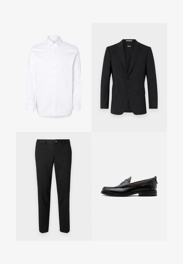 Blazer negro con un diseño ajustado, dos botones y solapas de pico. Incluye un bolsillo en el pecho y dos bolsillos frontales.; Camisa blanca de manga larga con cuello clásico y puños abotonados.; Pantalones negros fabricados con una tela suave. Tienen un corte recto, un frente plano y un cierre de botón con un diseño sencillo en la cintura.; Mocasín de hombre de piel negra con costura moc toe, tira penny, cuello texturizado y tacón bajo apilado sobre fondo blanco.