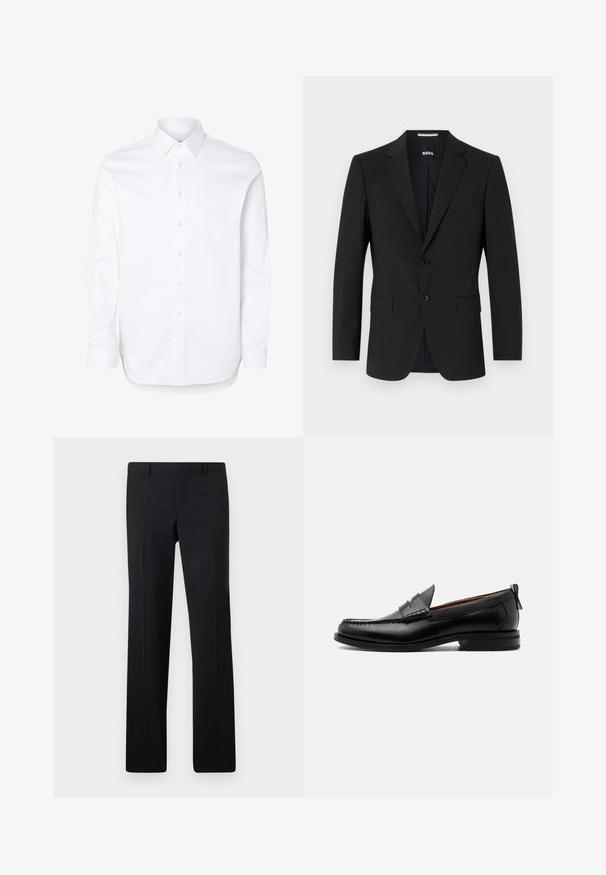 Schwarzer Blazer mit tailliertem Design, zwei Knöpfen und Reverskragen. Mit einer Brusttasche und zwei Fronttaschen.; Weißes Hemd mit langen Ärmeln, klassischem Kragen und geknöpften Manschetten.; Schwarze maßgeschneiderte Hose mit geradem Schnitt, scharfen Falten und glatter Oberfläche. Hergestellt aus leichtem Stoff mit einem sauberen Bund.; Schwarzer Leder-Herrenschuh mit Mokassinnaht, Penny-Riemen, strukturiertem Kragen und niedrigem gestapeltem Absatz auf weißem Hintergrund.