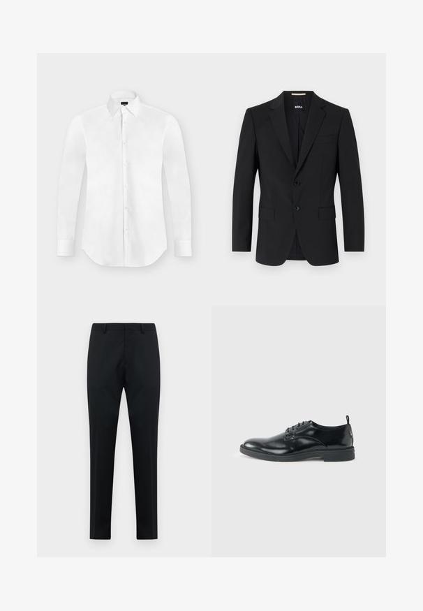 Sort blazer med en skrædderagtig design, to knapper og slagkraver. Inkluderer en enkelt brystlomme og to frontlommer.; Hvid langærmet skjorte med knapper og spidst krave, lagt fladt på en lysegrå baggrund.; Sorte skræddersyede herreformelle bukser med bæltestropper, glat front og lige ben på en hvid baggrund.; Blank sort læder dresssko med lav hæl, snørelukning og rund tå, vist fra siden på ensfarvet lys baggrund.