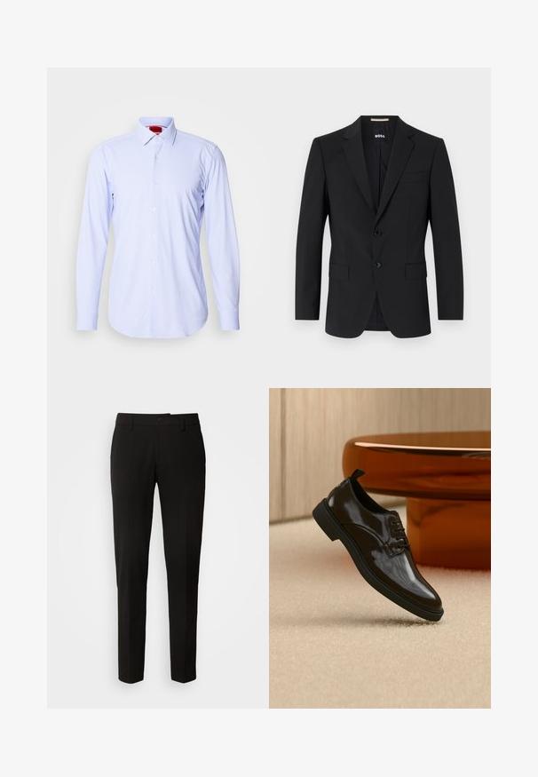 Sort blazer med en skrædderagtig design, to knapper og slagkraver. Inkluderer en enkelt brystlomme og to frontlommer.; Lysblå mønstret skjorte med lange ærmer og klassisk krave. Har små firkanter og hvide knapper. Glat stofstruktur.; Sorte bukser med lige ben design, der har knaplukning, bæltestropper og en glat stofstruktur. Ingen synlige mønstre eller accenter.; Sort skinnende læder snøresko flydende over et beige tæppe med et blankt brunt rundt bord i baggrunden.