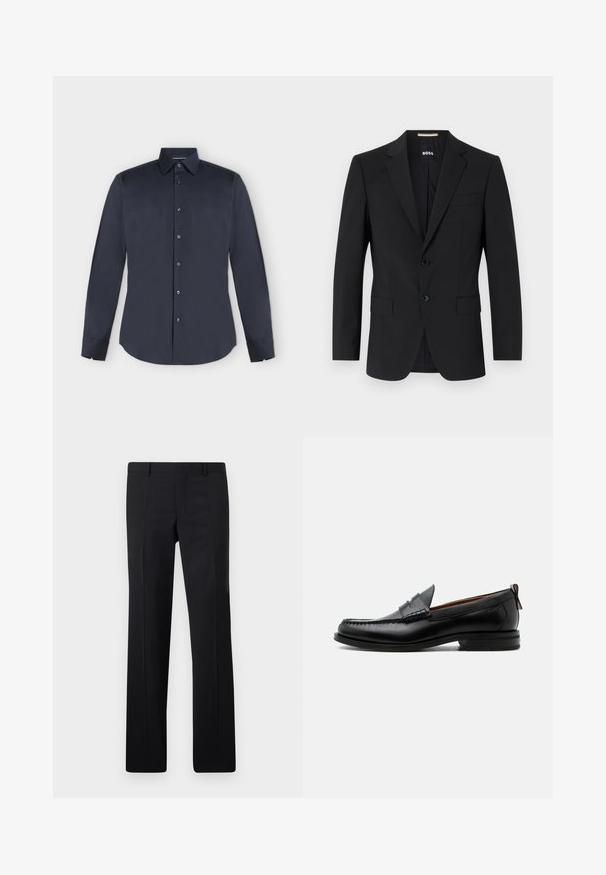 Zwarte blazer met een tailor-made ontwerp, twee knopen en inkepingen bij de revers. Bevat een enkele borstzak en twee voorzakken.; Donkerblauw herenoverhemd met lange mouwen, knoopsluiting, puntkraag en knoopmanchetten op een lichtgrijze achtergrond.; Zwarte op maat gemaakte pantalon met een recht model, scherpe plooien en een gladde afwerking. Gemaakt van lichtgewicht stof met een strakke tailleband.; Zwarte leren herensloffen met moc toe stiksel, pennyriem, gestructureerde kraag en lage gestapelde hak op witte achtergrond.