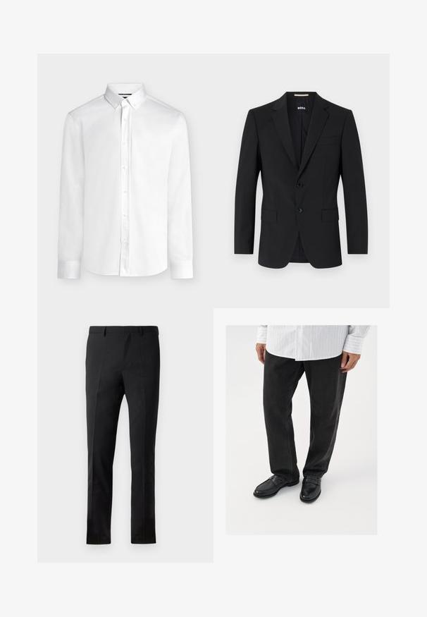 Blazer negro con un diseño ajustado, dos botones y solapas de pico. Incluye un bolsillo en el pecho y dos bolsillos frontales.; Camisa blanca de manga larga con botones, cuello abotonado y puños estándar, mostrada sobre un fondo liso de color gris claro.; Pantalones negros con un corte ajustado, que presentan un frente plano, dos pliegues, pasadores para cinturón y una textura suave. Sin patrones ni accesorios visibles.; Pantalones de mezclilla negros combinados con mocasines negros brillantes. La camisa es blanca con finas rayas verticales, de mangas largas y con cuello abotonado.