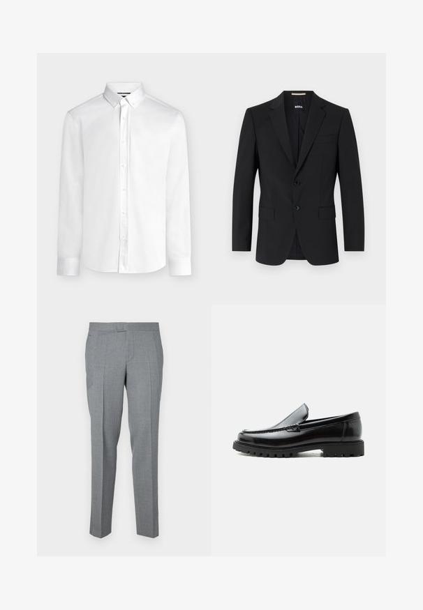 Blazer negro con un diseño ajustado, dos botones y solapas de pico. Incluye un bolsillo en el pecho y dos bolsillos frontales.; Camisa blanca de manga larga con botones, cuello abotonado y puños estándar, mostrada sobre un fondo liso de color gris claro.; Pantalones grises a medida hechos de una tela texturizada, con un diseño de frente plano, trabillas para cinturón y dos bolsillos laterales. Diseño de pierna recta.; Mocasín de cuero negro con suela de goma gruesa, empeine cosido y nombre de la marca en relieve en el talón, mostrado en perfil lateral sobre fondo blanco.
