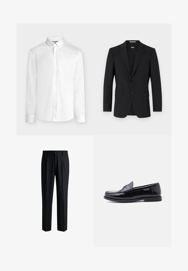 Blazer negro con un diseño ajustado, dos botones y solapas de pico. Incluye un bolsillo en el pecho y dos bolsillos frontales.; Camisa blanca de manga larga con botones, cuello abotonado y puños estándar, mostrada sobre un fondo liso de color gris claro.; Pantalones negros de tela suave, con un diseño de pierna recta, pliegues en la parte delantera y cierre de botón con trabillas para cinturón.; Mocasines de cuero negro con acabado brillante, que presentan un diseño cosido en la puntera y una suela baja de goma negra texturizada.