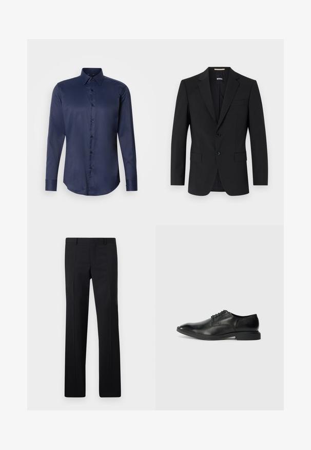 Blazer negro con un diseño ajustado, dos botones y solapas de pico. Incluye un bolsillo en el pecho y dos bolsillos frontales.; Camisa de vestir de manga larga para hombre en azul marino, con cuello puntiagudo y cierre frontal de botones, presentada sobre un fondo blanco liso.; Pantalones negros ajustados con un diseño de pierna recta, pliegues marcados y un acabado suave. Fabricados en tejido ligero con una cintura limpia.; Zapato de vestir negro de cuero con una textura suave, punta afilada, diseño de cordones con seis ojales y un tacón rectangular bajo. Detalle de marca sutil en el lateral.