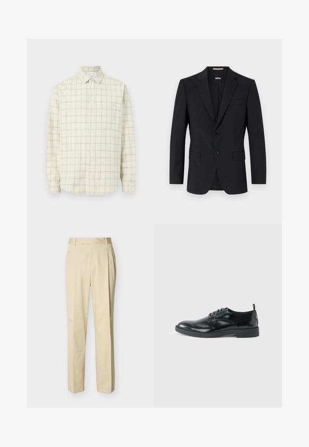 Blazer noir avec un design ajusté, deux boutons et des revers en pointe. Comprend une poche poitrine simple et deux poches avant.; Chemise beige à boutons, manches longues avec un motif à carreaux subtil, dotée d'un col pointu et d'une poche poitrine unique sur un fond uni.; Pantalon beige à jambe droite avec passants de ceinture et plis sur le devant, sur un fond uni clair.; Chaussure habillée en cuir noir brillant avec un petit talon, fermeture à lacets et bout rond, vue de côté sur un fond uni et clair.