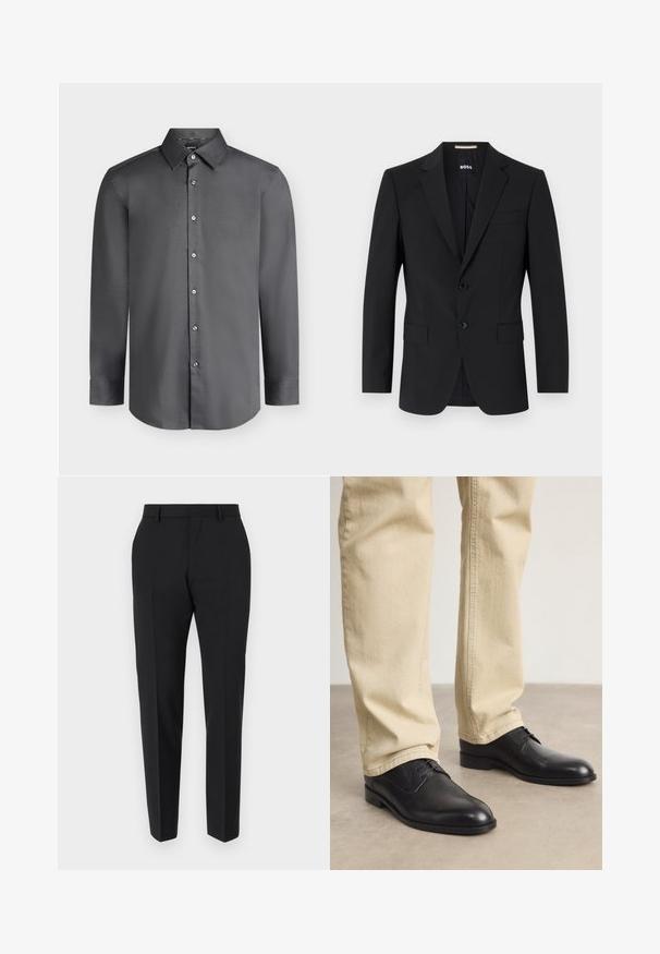 Blazer negro con un diseño ajustado, dos botones y solapas de pico. Incluye un bolsillo en el pecho y dos bolsillos frontales.; Camisa de vestir para hombre de manga larga en gris oscuro con cuello puntiagudo y botones delanteros, mostrada sobre un fondo gris claro.; Pantalones negros con un diseño a medida, con frente plano, detalles de pliegue y un corte ajustado. Fabricados con una tela suave para un aspecto refinado.; Zapatos de cuero negro con cordones, puntera redondeada, acabado suave y sutiles detalles de costura, combinados con pantalones de color beige claro.