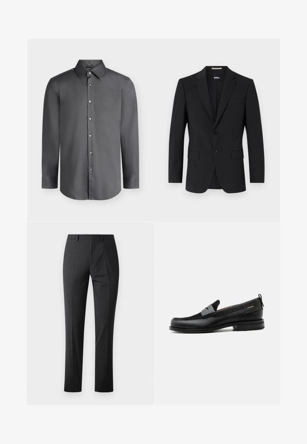 Schwarzer Blazer mit tailliertem Design, zwei Knöpfen und Reverskragen. Mit einer Brusttasche und zwei Fronttaschen.; Dunkelgraues Herrenhemd mit langen Ärmeln, spitzem Kragen und Knöpfen vorne, dargestellt auf hellem grauem Hintergrund.; Maßgeschneiderte dunkelgraue Hose mit glatter Textur, schlankem Schnitt, flachem Frontdesign und normalem Bund. Verfügt über gepresste Falten und keine sichtbaren Muster.; Schwarzer Lederloafer mit grauem Riemendetail, niedrigem Absatz und strukturierter Sohle, seitlich mit „HUGO“ in Gold gebrandmarkt.
