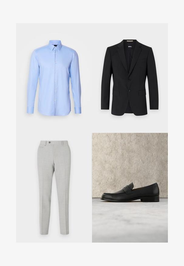 Sort blazer med en skrædderagtig design, to knapper og slagkraver. Inkluderer en enkelt brystlomme og to frontlommer.; Lyseblå langærmet skjorte med knaplukning lavet af tekstureret stof, med spidse krave og klassisk knaplukning foran.; Grå skræddersyede bukser med et subtilt ternet mønster, lavet af letvægtsstof. Har knaplukning og sidelommer. Slim fit silhuet.; Sort lædersko i loafer-stil svæver over et beige tæppe med et blankt brunt rundt bord i baggrunden.