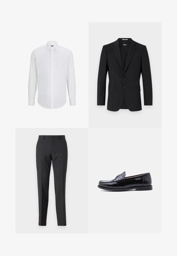 Sort blazer med en skrædderagtig design, to knapper og slagkraver. Inkluderer en enkelt brystlomme og to frontlommer.; Hvid langærmet skjorte lavet af glat stof med standard krave, frontlukning med knapper og afrundet kant. Ingen synlige mønstre eller accenter.; Mørkegrå skræddersyede bukser med lige pasform, der har sidelommer og en diskret tekstur. Lukkemekanismer inkluderer en lynlås og bæltestropper.; Sorte læderloafer med en blank finish, der har et syet mønster på tåen og en lav, tekstureret sort gummisål.