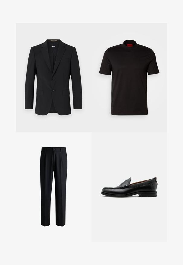 Blazer noir avec un design ajusté, deux boutons et des revers en pointe. Comprend une poche poitrine simple et deux poches avant.; T-shirt noir à manches courtes avec un design à col haut. Fabriqué en tissu lisse. Présente une étiquette de marque rouge à l'intérieur du col.; Pantalons noirs en tissu lisse, avec une coupe droite, des plis à l'avant et une fermeture à bouton avec passants de ceinture.; Mocassin homme en cuir noir avec couture moc toe, bride penny, col texturé et petit talon empilé sur fond blanc.