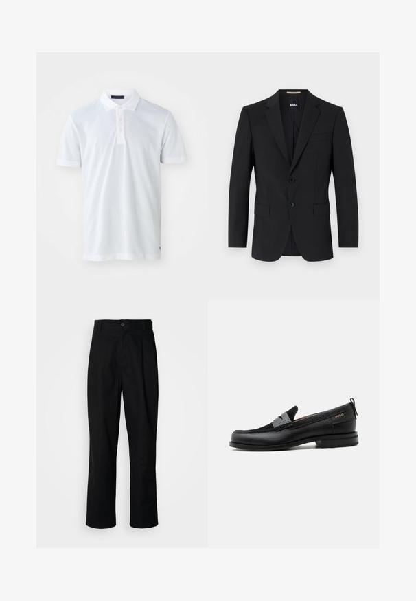 Blazer negro con un diseño ajustado, dos botones y solapas de pico. Incluye un bolsillo en el pecho y dos bolsillos frontales.; Camisa polo blanca con una textura suave, tapeta de tres botones, cuello plano y mangas cortas. Presenta costuras sutiles en el dobladillo.; Pantalones rectos negros con cintura con botones, trabillas para cinturón y pliegue frontal, exhibidos sobre un fondo blanco liso.; Mocasín de cuero negro con detalle de tira gris, tacón bajo y suela texturizada, con la marca "HUGO" en oro en el lateral.