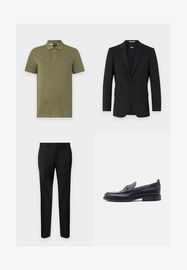 Sort blazer med en skrædderagtig design, to knapper og slagkraver. Inkluderer en enkelt brystlomme og to frontlommer.; Oliven grøn polo shirt lavet af bomuld, med en knapstolpe med tre knapper, korte ærmer og et lille logo-patch på brystet.; Sorte skræddersyede bukser lavet af glat stof, med lige ben, raffinerede folder og en klassisk talje med bæltestropper.; Sort lædermokasin med grå tekstureret forfod, sølvfarvet metalspænde, lav hæl og trækflap bagpå.